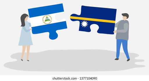 Couple holding two puzzles pieces with Nicaraguan and Nauruan flags. Nicaragua and Nauru national symbols together.