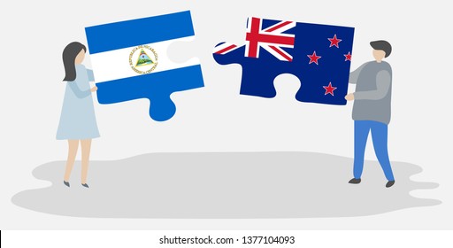 Couple holding two puzzles pieces with Nicaraguan and NZ flags. Nicaragua and New Zealand national symbols together.