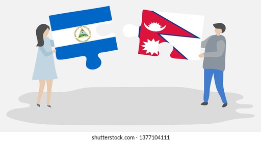 Couple holding two puzzles pieces with Nicaraguan and Nepalese flags. Nicaragua and Nepal national symbols together.