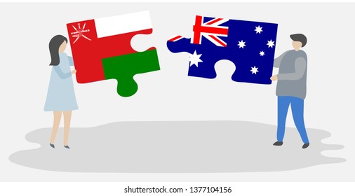 Couple holding two puzzles pieces with Omani and Australian flags. Oman and Australia national symbols together.