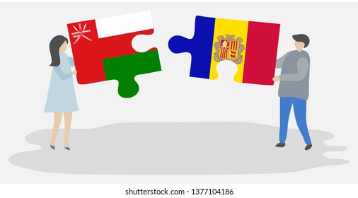 Couple holding two puzzles pieces with Omani and Andorran flags. Oman and Andorra national symbols together.