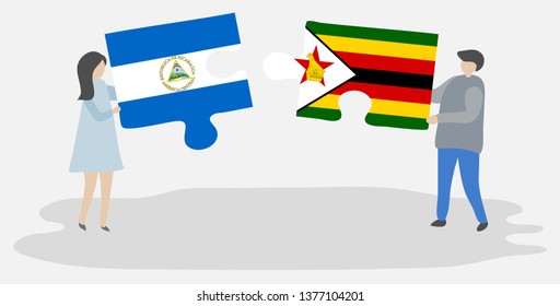 Couple holding two puzzles pieces with Nicaraguan and Zimbabwean flags. Nicaragua and Zimbabwe national symbols together.