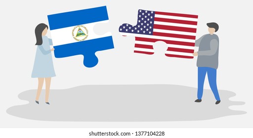 Couple holding two puzzles pieces with Nicaraguan and American flags. Nicaragua and United States of America national symbols together.