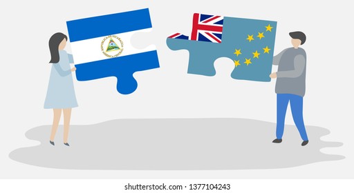 Couple holding two puzzles pieces with Nicaraguan and Tuvaluan flags. Nicaragua and Tuvalu national symbols together.