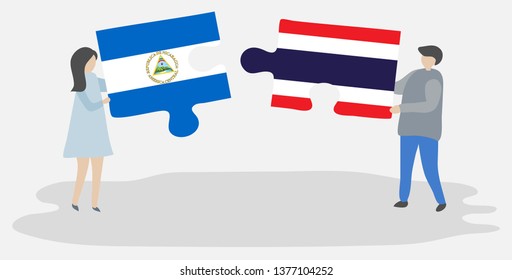 Couple holding two puzzles pieces with Nicaraguan and Thai flags. Nicaragua and Thailand national symbols together.