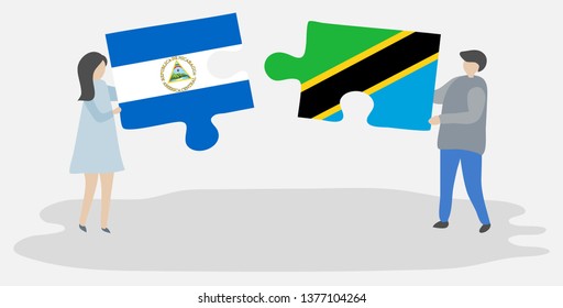 Couple holding two puzzles pieces with Nicaraguan and Tanzanian flags. Nicaragua and Tanzania national symbols together.