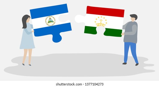 Couple holding two puzzles pieces with Nicaraguan and Tajikistani flags. Nicaragua and Tajikistan national symbols together.
