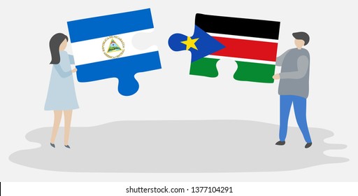 Couple holding two puzzles pieces with Nicaraguan and South Sudanese flags. Nicaragua and South Sudan national symbols together.