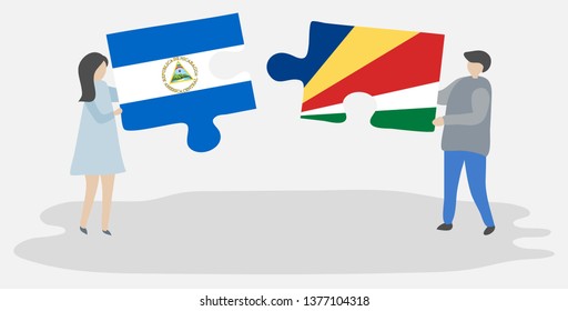 Couple holding two puzzles pieces with Nicaraguan and Seychellois flags. Nicaragua and Seychelles national symbols together.