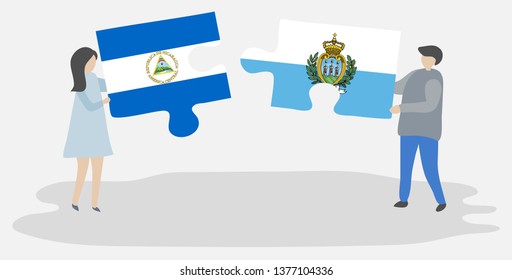 Couple holding two puzzles pieces with Nicaraguan and Sammarinese flags. Nicaragua and San Marino national symbols together.