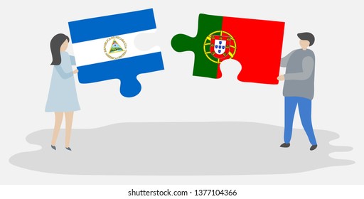 Couple holding two puzzles pieces with Nicaraguan and Portuguese flags. Nicaragua and Portugal national symbols together.