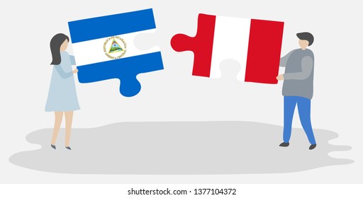 Couple holding two puzzles pieces with Nicaraguan and Peruvian flags. Nicaragua and Peru national symbols together.