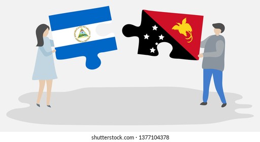 Couple holding two puzzles pieces with Nicaraguan and Papuan flags. Nicaragua and Papua New Guinea national symbols together.