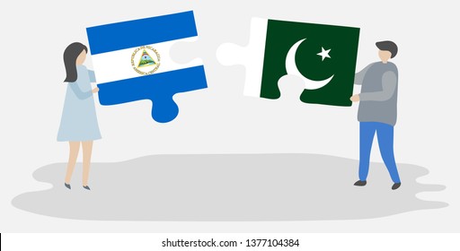 Couple holding two puzzles pieces with Nicaraguan and Pakistani flags. Nicaragua and Pakistan national symbols together.