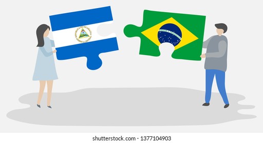 Couple holding two puzzles pieces with Nicaraguan and Brazilian flags. Nicaragua and Brazil national symbols together.