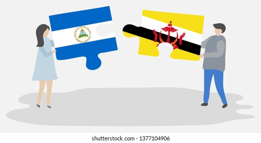 Couple holding two puzzles pieces with Nicaraguan and Bruneian flags. Nicaragua and Brunei national symbols together.