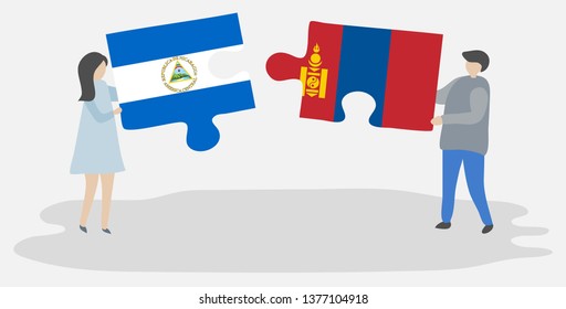 Couple holding two puzzles pieces with Nicaraguan and Mongolian flags. Nicaragua and Mongolia national symbols together.