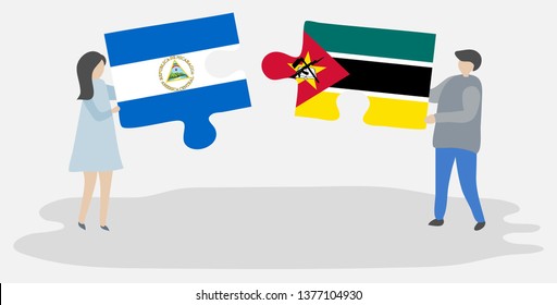 Couple holding two puzzles pieces with Nicaraguan and Mozambican flags. Nicaragua and Mozambique national symbols together.
