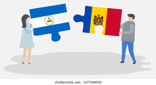 Couple holding two puzzles pieces with Nicaraguan and Moldovan flags. Nicaragua and Moldova national symbols together.