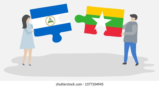 Couple holding two puzzles pieces with Nicaraguan and Burmese flags. Nicaragua and Myanmar national symbols together.