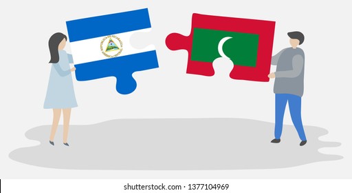 Couple holding two puzzles pieces with Nicaraguan and Maldivian flags. Nicaragua and Maldives national symbols together.