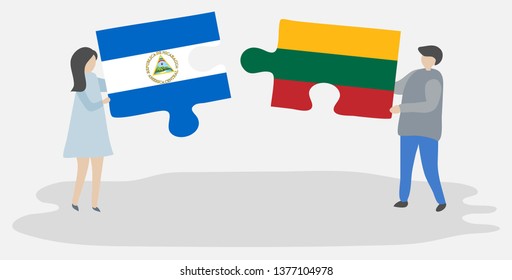 Couple holding two puzzles pieces with Nicaraguan and Lithuanian flags. Nicaragua and Lithuania national symbols together.