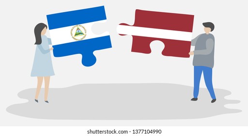 Couple holding two puzzles pieces with Nicaraguan and Latvian flags. Nicaragua and Latvia national symbols together.