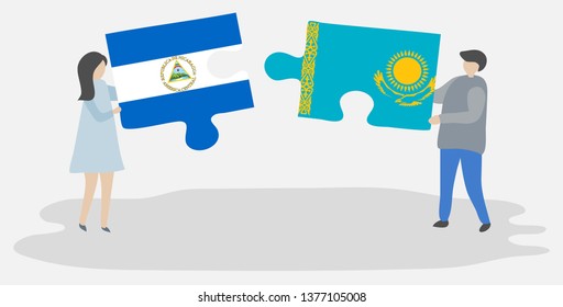 Couple holding two puzzles pieces with Nicaraguan and Kazakh flags. Nicaragua and Kazakhstan national symbols together.