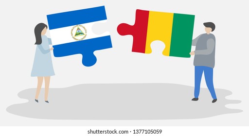 Couple holding two puzzles pieces with Nicaraguan and Guinean flags. Nicaragua and Guinea national symbols together.