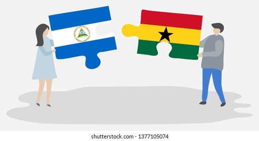 Couple holding two puzzles pieces with Nicaraguan and Ghanaian flags. Nicaragua and Ghana national symbols together.