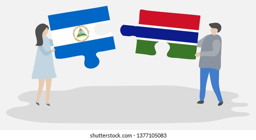 Couple holding two puzzles pieces with Nicaraguan and Gambian flags. Nicaragua and Gambia national symbols together.