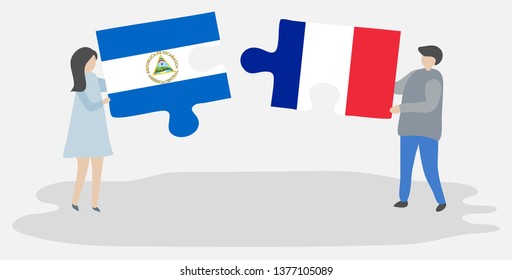 Couple holding two puzzles pieces with Nicaraguan and French flags. Nicaragua and France national symbols together.