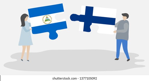 Couple holding two puzzles pieces with Nicaraguan and Finnish flags. Nicaragua and Finland national symbols together.