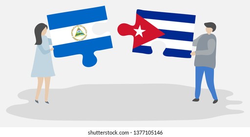 Couple holding two puzzles pieces with Nicaraguan and Cuban flags. Nicaragua and Cuba national symbols together.