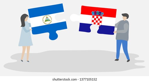 Couple holding two puzzles pieces with Nicaraguan and Croatian flags. Nicaragua and Croatia national symbols together.