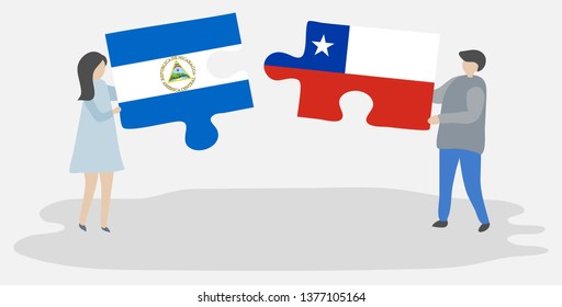 Couple holding two puzzles pieces with Nicaraguan and Chilean flags. Nicaragua and Chile national symbols together.