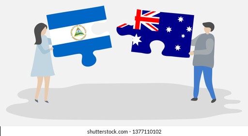 Couple holding two puzzles pieces with Nicaraguan and Australian flags. Nicaragua and Australia national symbols together.