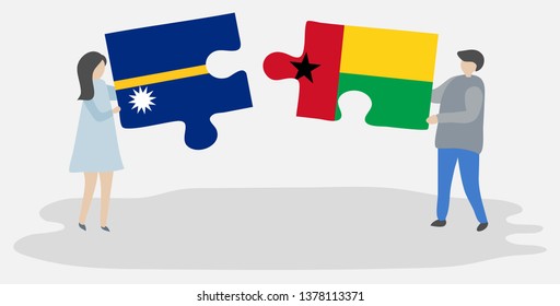 Couple holding two puzzles pieces with Nauruan and Bissau-Guinean flags. Nauru and Guinea-Bissau national symbols together.