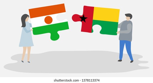 Couple holding two puzzles pieces with Nigerien and Bissau-Guinean flags. Niger and Guinea-Bissau national symbols together.