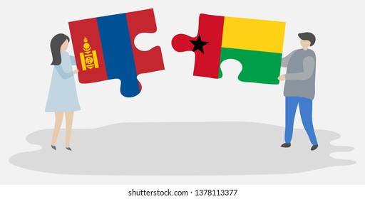 Couple holding two puzzles pieces with Mongolian and Bissau-Guinean flags. Mongolia and Guinea-Bissau national symbols together.