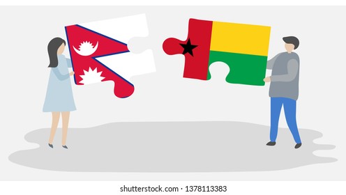 Couple holding two puzzles pieces with Nepalese and Bissau-Guinean flags. Nepal and Guinea-Bissau national symbols together.
