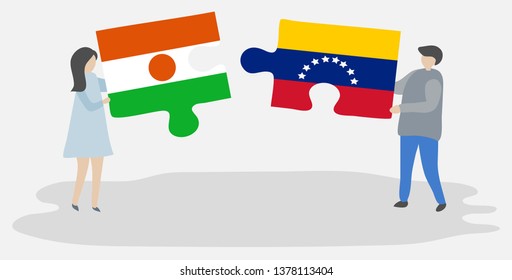 Couple holding two puzzles pieces with Nigerien and Venezuelan flags. Niger and Venezuela national symbols together.