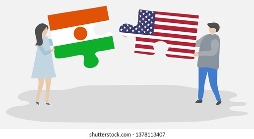 Couple holding two puzzles pieces with Nigerien and American flags. Niger and United States of America national symbols together.
