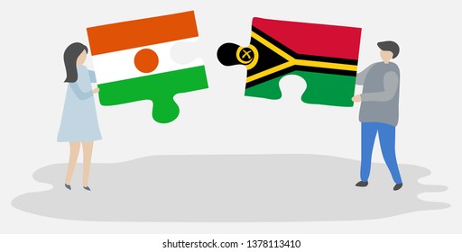 Couple holding two puzzles pieces with Nigerien and Vanuatuan flags. Niger and Vanuatu national symbols together.