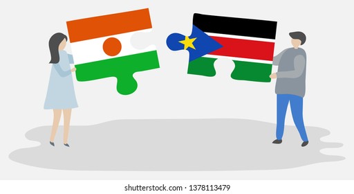 Couple holding two puzzles pieces with Nigerien and South Sudanese flags. Niger and South Sudan national symbols together.