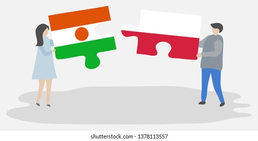 Couple holding two puzzles pieces with Nigerien and Polish flags. Niger and Poland national symbols together.
