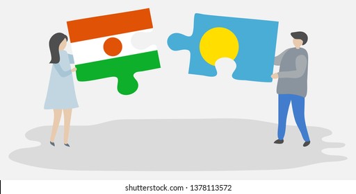 Couple holding two puzzles pieces with Nigerien and Palauan flags. Niger and Palau national symbols together.