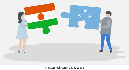 Couple holding two puzzles pieces with Nigerien and Micronesian flags. Niger and Micronesia national symbols together.