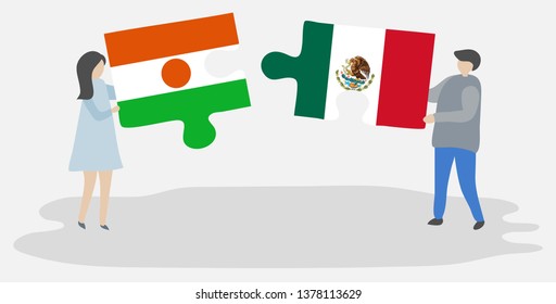 Couple holding two puzzles pieces with Nigerien and Mexican flags. Niger and Mexico national symbols together.
