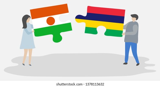 Couple holding two puzzles pieces with Nigerien and Mauritian flags. Niger and Mauritius national symbols together.